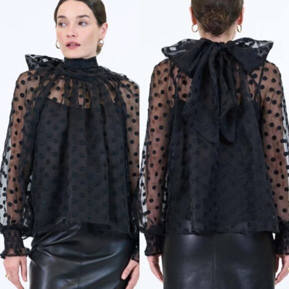 NWT Hunter Bell Camilla Smocked Cuffs High Neck Long Sleeve Top Black Size:Small